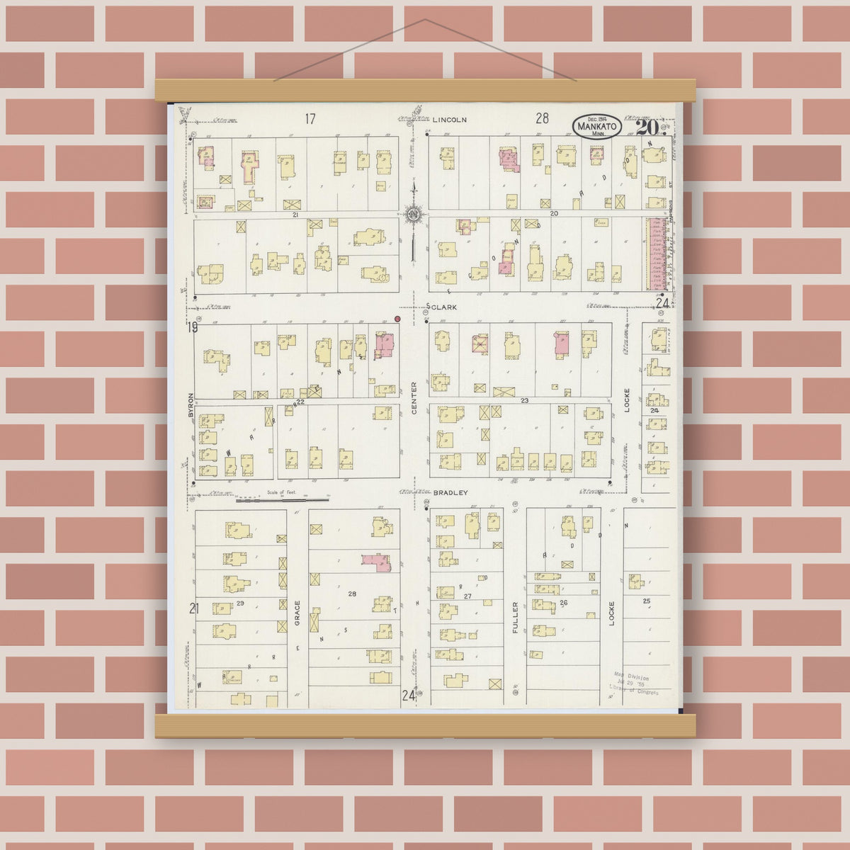 Old map wall art mockup — magnetic wood frame on brick wall — Sanborn Fire Insurance Map from Mankato, Blue Earth County, Minnesota (1914), Sheet #0020