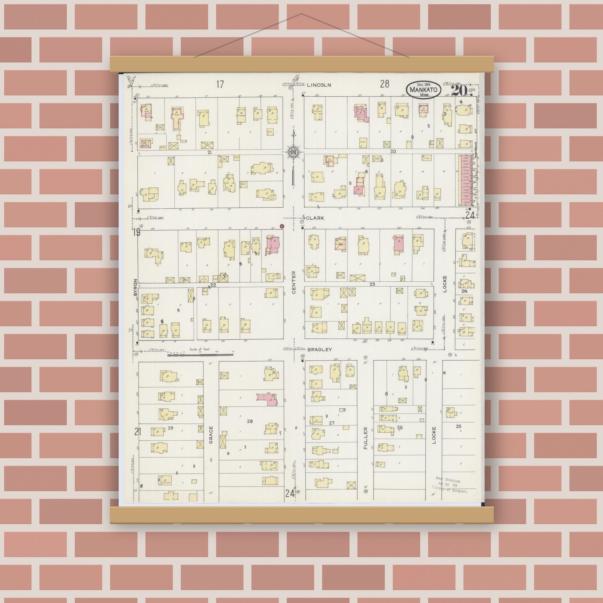 Old map wall art mockup — magnetic wood frame on brick wall — Sanborn Fire Insurance Map from Mankato, Blue Earth County, Minnesota (1914), Sheet #0020