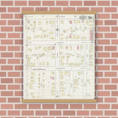 Old map wall art mockup — magnetic wood frame on brick wall — Sanborn Fire Insurance Map from Mankato, Blue Earth County, Minnesota (1914), Sheet #0020