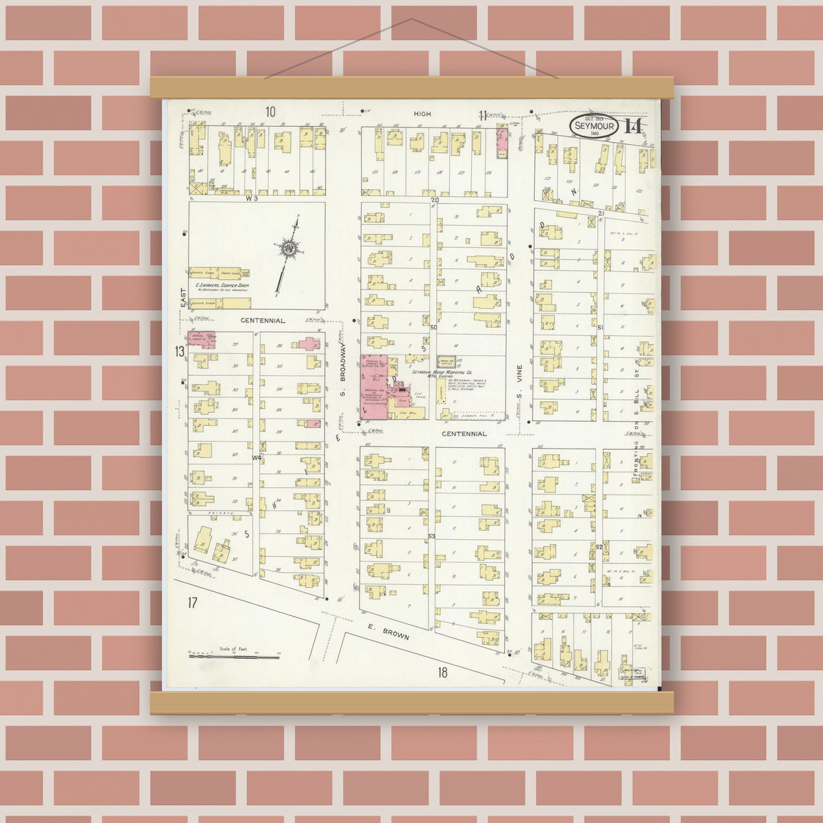 Old map wall art mockup — magnetic wood frame on brick wall — Sanborn Fire Insurance Map from Seymour, Jackson County, Indiana (1913), Sheet #0014