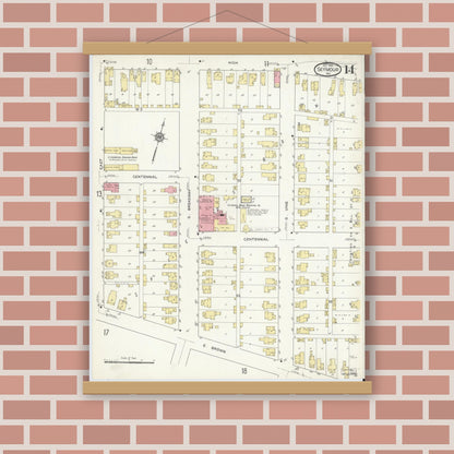 Old map wall art mockup — magnetic wood frame on brick wall — Sanborn Fire Insurance Map from Seymour, Jackson County, Indiana (1913), Sheet #0014