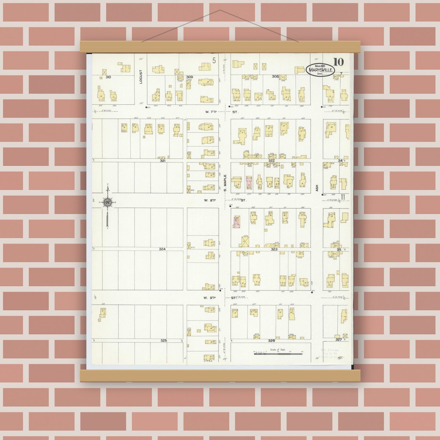 Old map wall art mockup — magnetic wood frame on brick wall — Sanborn Fire Insurance Map from Marysville, Union County, Ohio (1910), Sheet #0010