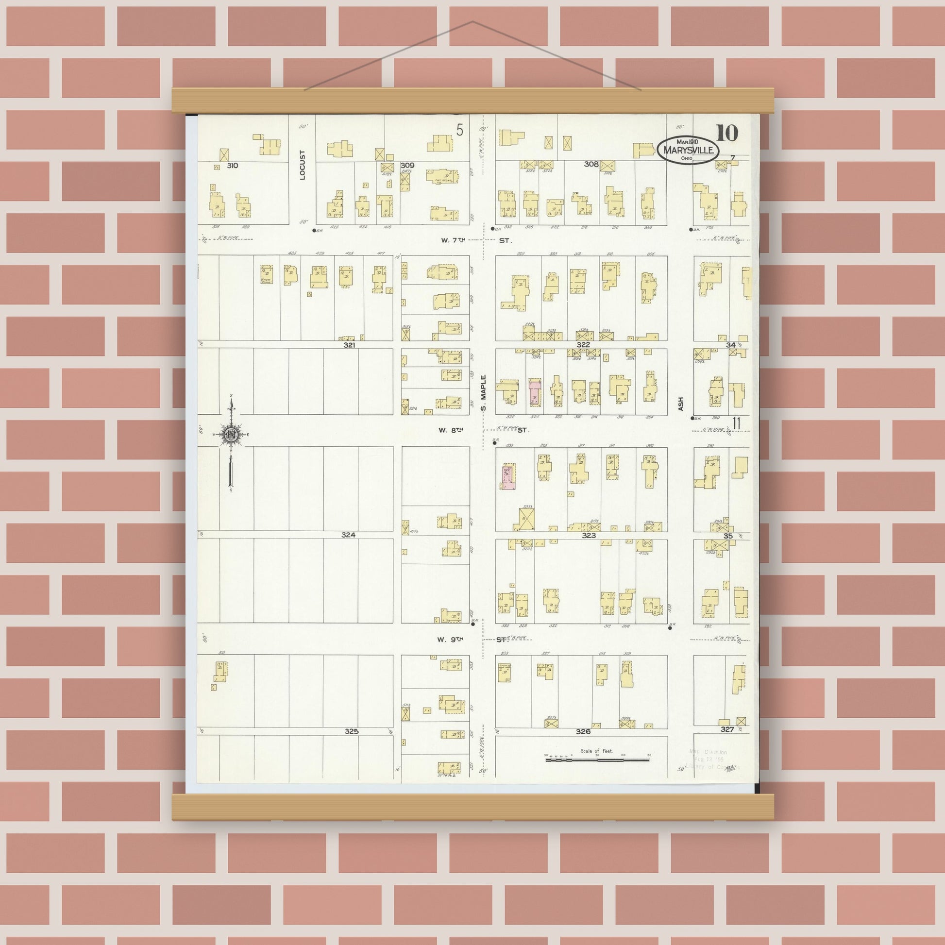 Old map wall art mockup — magnetic wood frame on brick wall — Sanborn Fire Insurance Map from Marysville, Union County, Ohio (1910), Sheet #0010