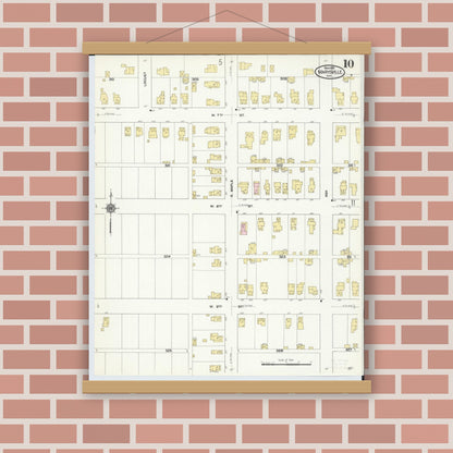Old map wall art mockup — magnetic wood frame on brick wall — Sanborn Fire Insurance Map from Marysville, Union County, Ohio (1910), Sheet #0010