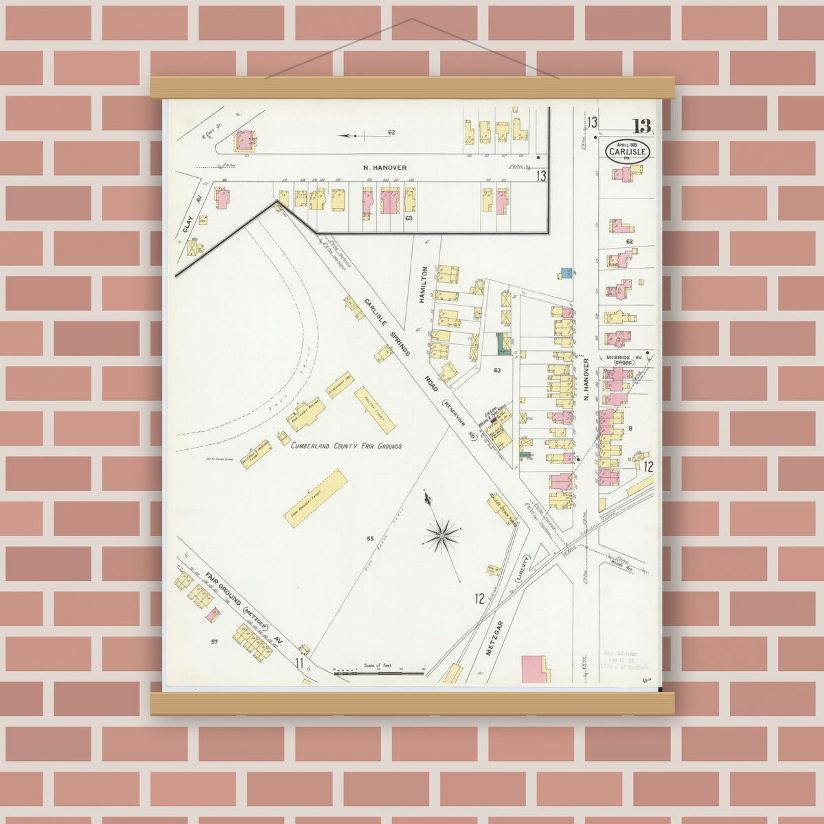 Old map wall art mockup — magnetic wood frame on brick wall — Sanborn Fire Insurance Map from Carlisle, Cumberland County, Pennsylvania (1909), Sheet #0013