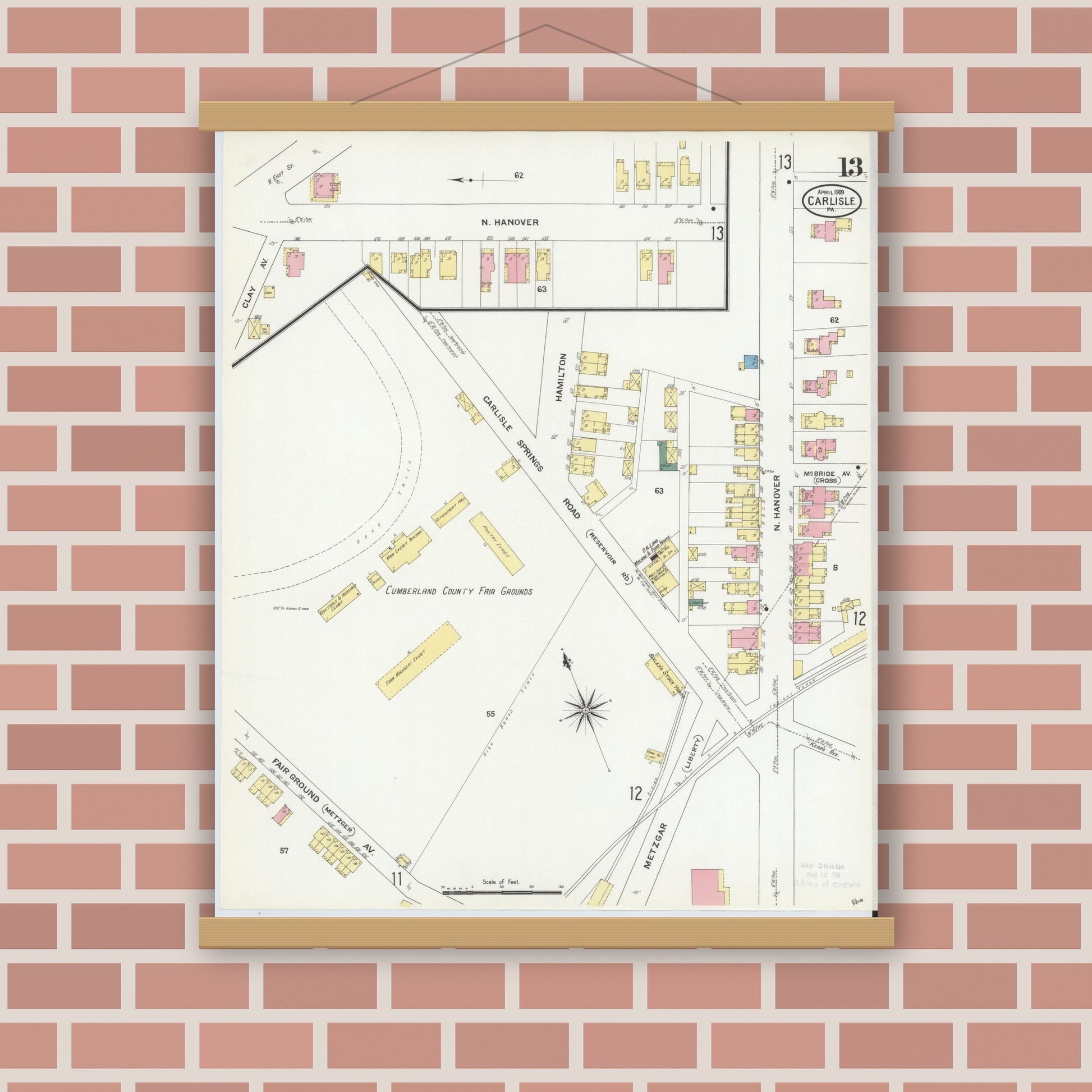 Old map wall art mockup — magnetic wood frame on brick wall — Sanborn Fire Insurance Map from Carlisle, Cumberland County, Pennsylvania (1909), Sheet #0013