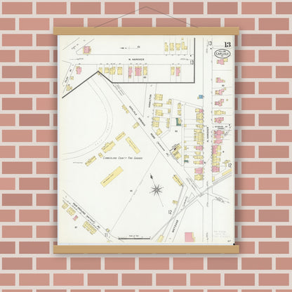 Old map wall art mockup — magnetic wood frame on brick wall — Sanborn Fire Insurance Map from Carlisle, Cumberland County, Pennsylvania (1909), Sheet #0013