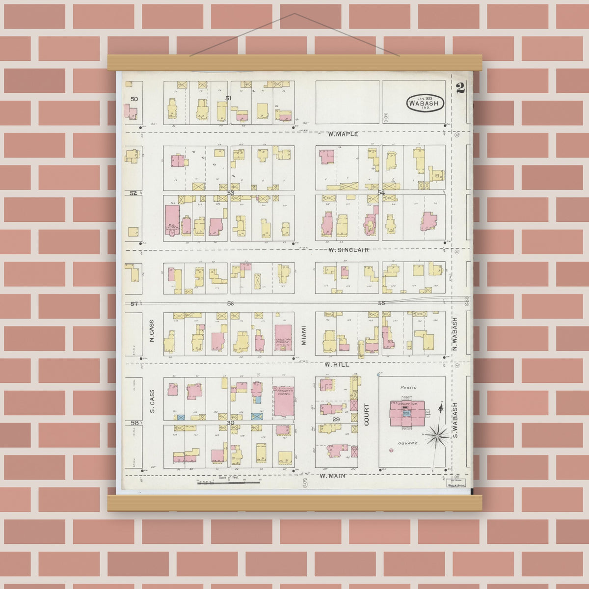 Old map wall art mockup — magnetic wood frame on brick wall — Sanborn Fire Insurance Map from Wabash, Wabash County, Indiana (1893), Sheet #0002