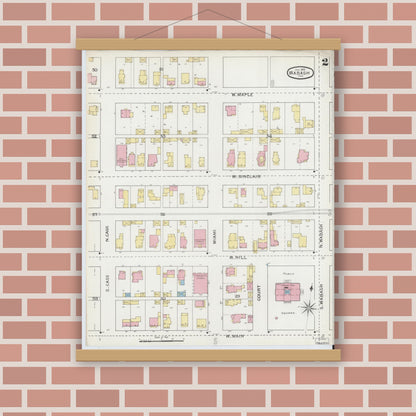 Old map wall art mockup — magnetic wood frame on brick wall — Sanborn Fire Insurance Map from Wabash, Wabash County, Indiana (1893), Sheet #0002