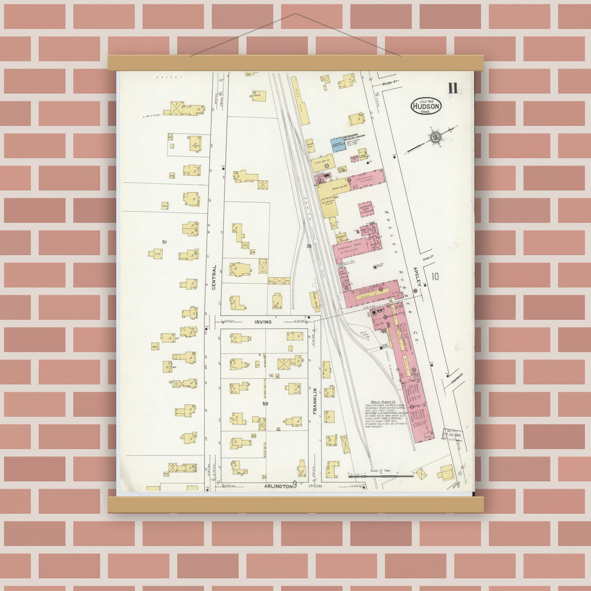 Old map wall art mockup — magnetic wood frame on brick wall — Sanborn Fire Insurance Map from Hudson, Middlesex County, Massachusetts (1916), Sheet #0011