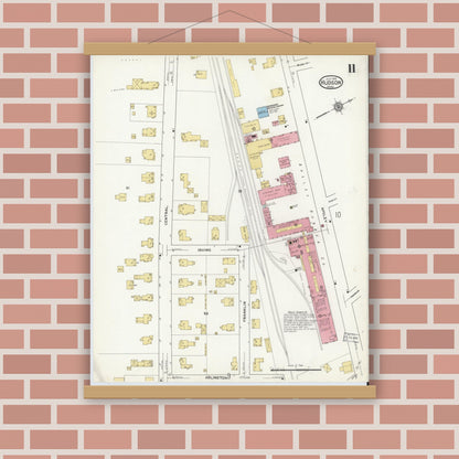 Old map wall art mockup — magnetic wood frame on brick wall — Sanborn Fire Insurance Map from Hudson, Middlesex County, Massachusetts (1916), Sheet #0011