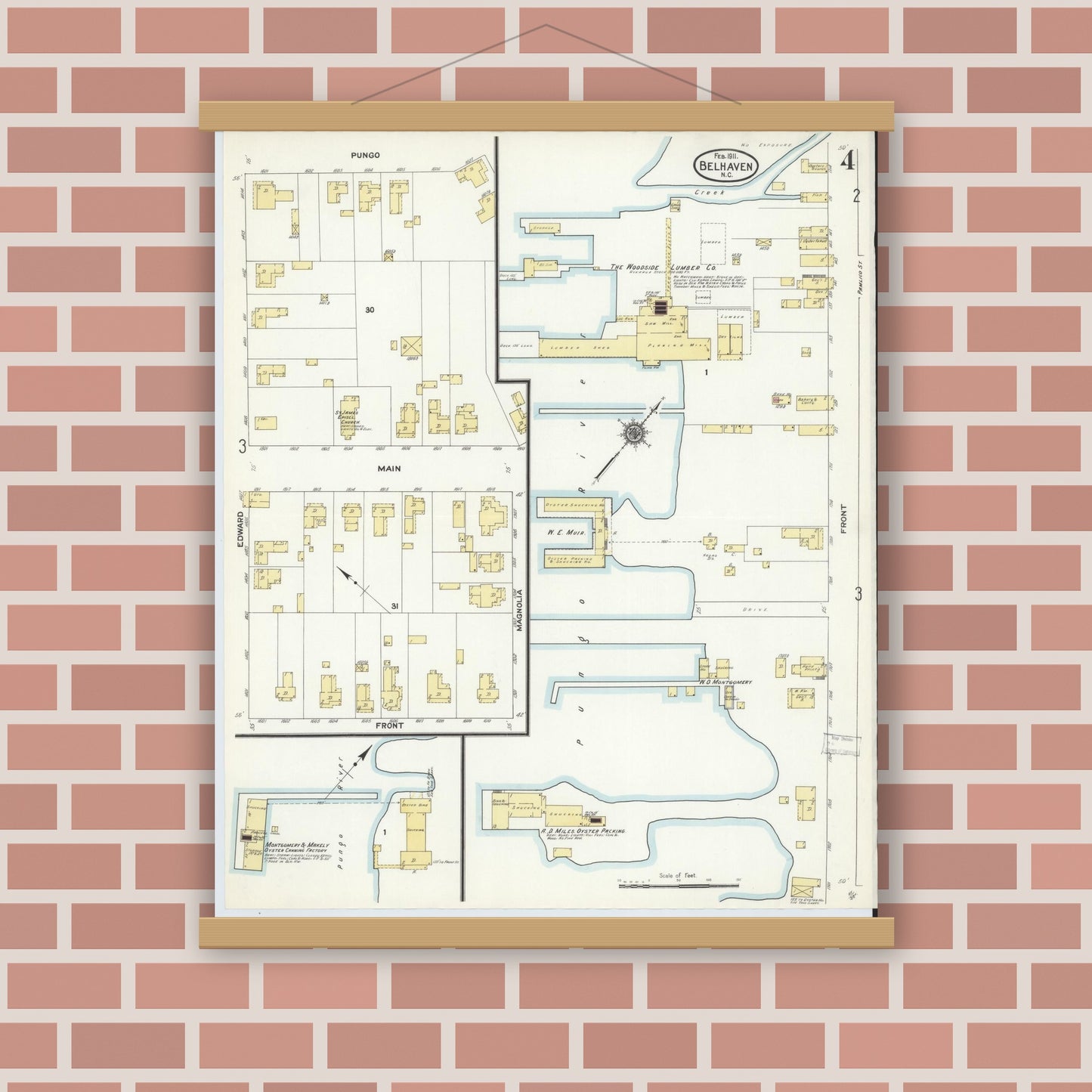 Old map wall art mockup — magnetic wood frame on brick wall — Sanborn Fire Insurance Map from Belhaven, Beaufort County, North Carolina (1911), Sheet #0004