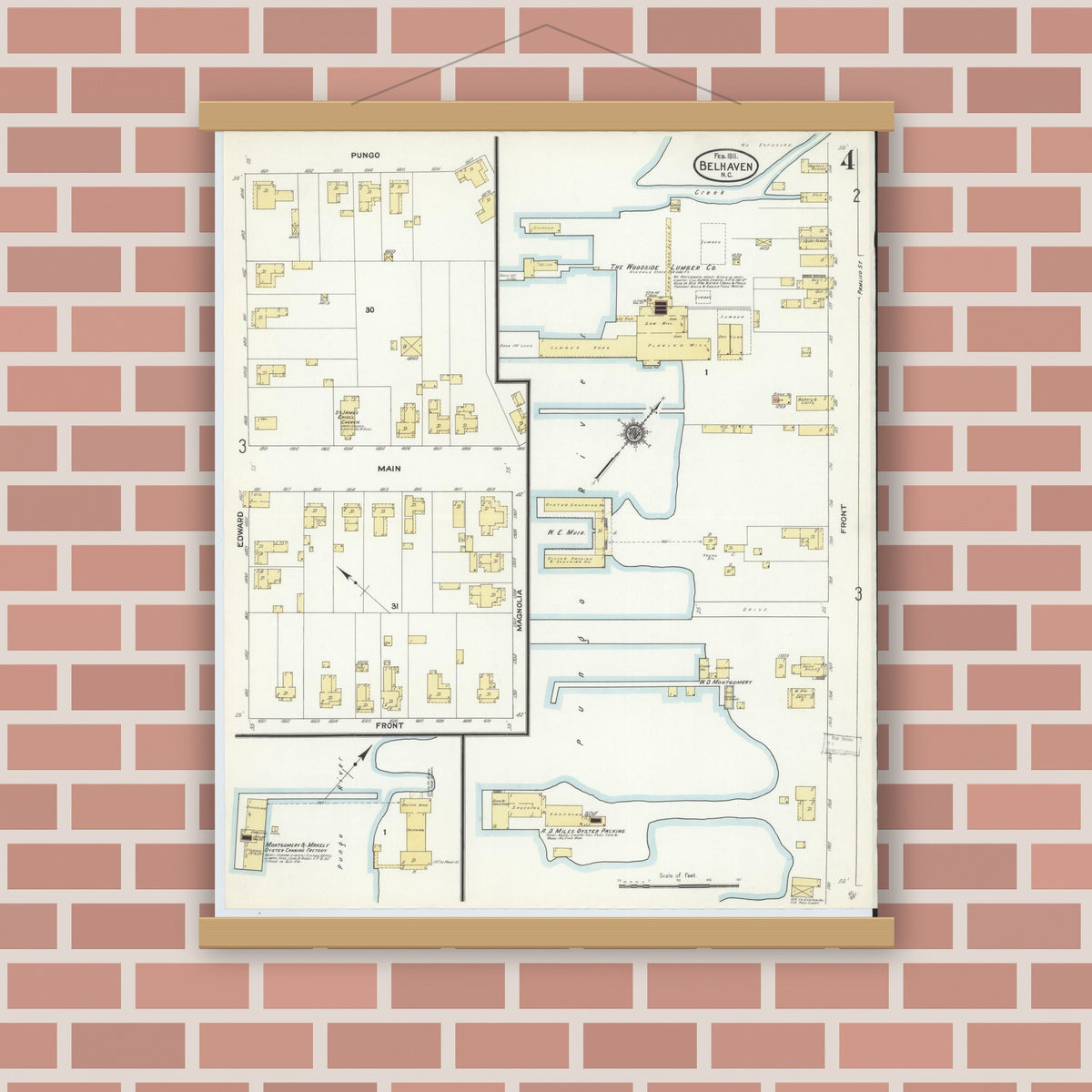 Old map wall art mockup — magnetic wood frame on brick wall — Sanborn Fire Insurance Map from Belhaven, Beaufort County, North Carolina (1911), Sheet #0004