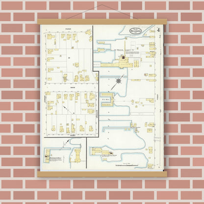 Old map wall art mockup — magnetic wood frame on brick wall — Sanborn Fire Insurance Map from Belhaven, Beaufort County, North Carolina (1911), Sheet #0004