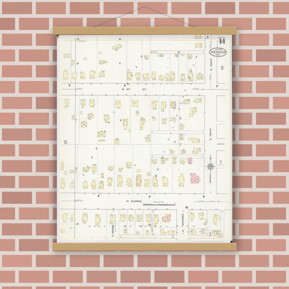Old map wall art mockup — magnetic wood frame on brick wall — Sanborn Fire Insurance Map from Rochester, Olmsted County, Minnesota (1914), Sheet #0014