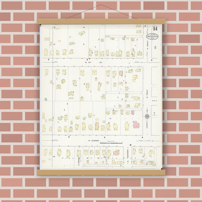 Old map wall art mockup — magnetic wood frame on brick wall — Sanborn Fire Insurance Map from Rochester, Olmsted County, Minnesota (1914), Sheet #0014