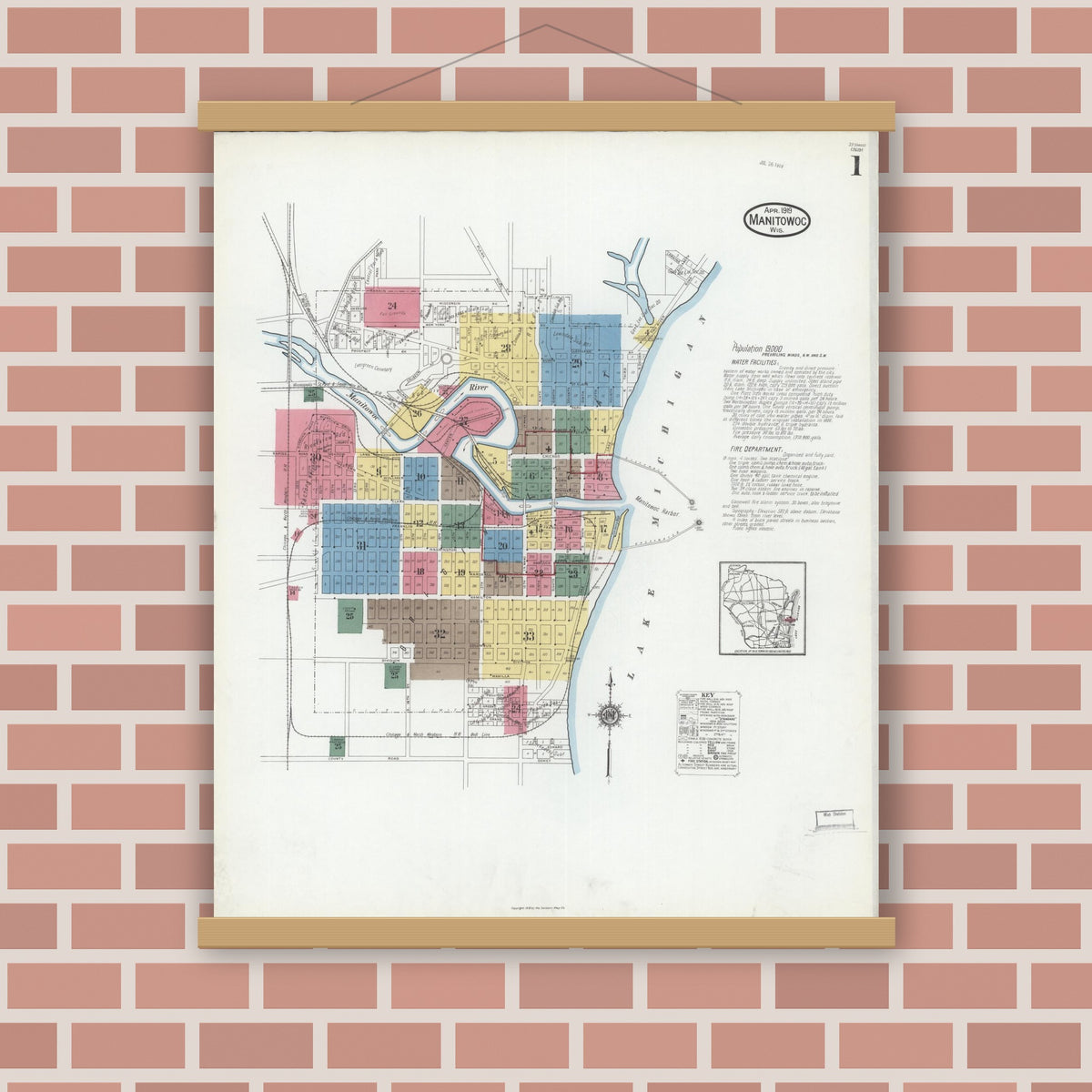 Old map wall art mockup — magnetic wood frame on brick wall — Sanborn Fire Insurance Map from Manitowoc, Manitowoc County, Wisconsin (1919) - Complete Map Set