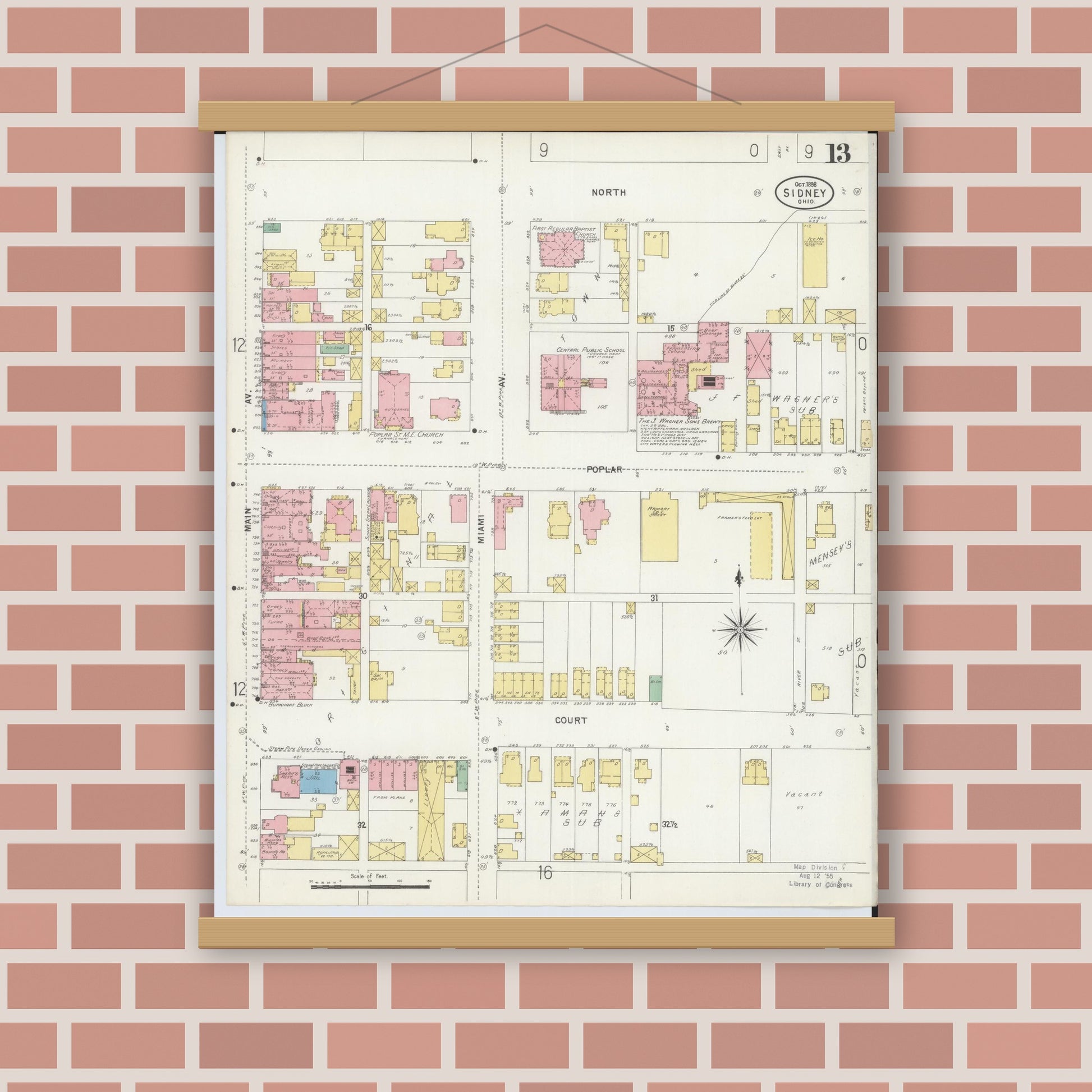 Old map wall art mockup — magnetic wood frame on brick wall — Sanborn Fire Insurance Map from Sidney, Shelby County, Ohio (1898), Sheet #0013