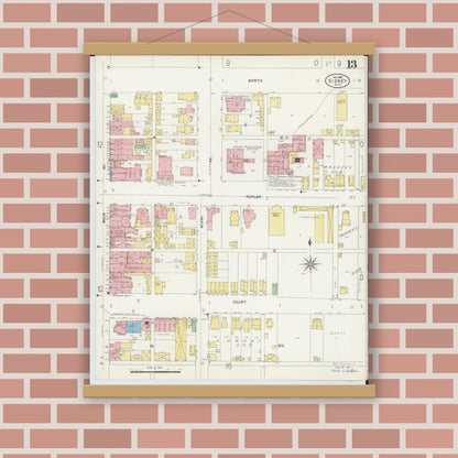 Old map wall art mockup — magnetic wood frame on brick wall — Sanborn Fire Insurance Map from Sidney, Shelby County, Ohio (1898), Sheet #0013