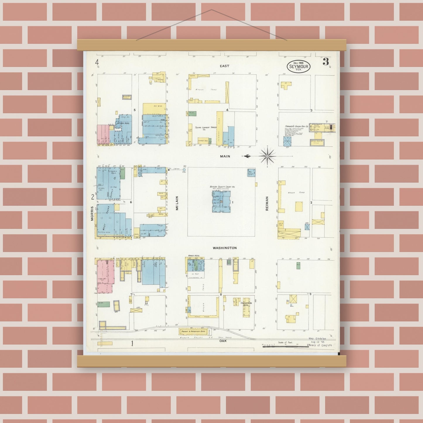Old map wall art mockup — magnetic wood frame on brick wall — Sanborn Fire Insurance Map from Seymour, Baylor County, Texas (1908), Sheet #0003