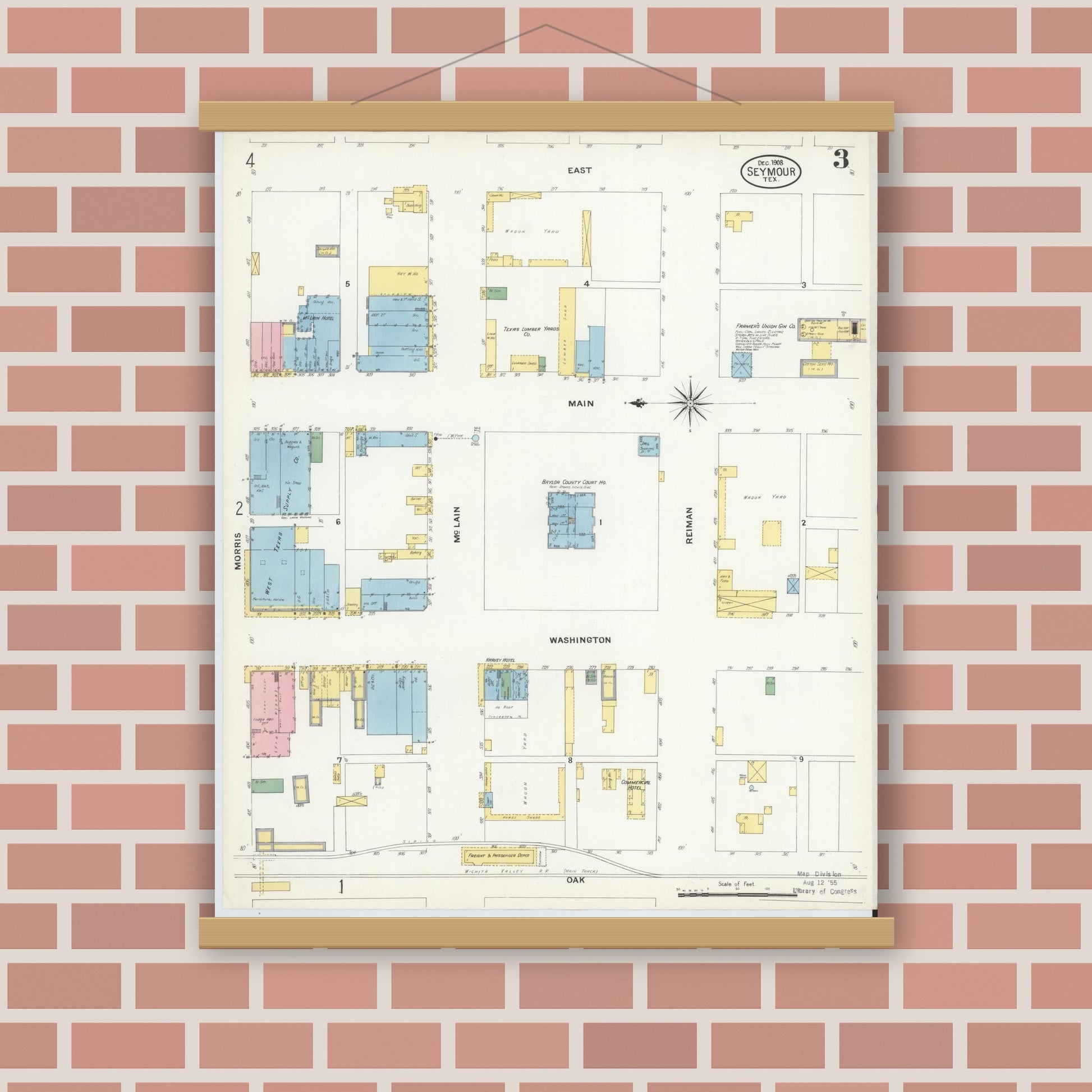 Old map wall art mockup — magnetic wood frame on brick wall — Sanborn Fire Insurance Map from Seymour, Baylor County, Texas (1908), Sheet #0003