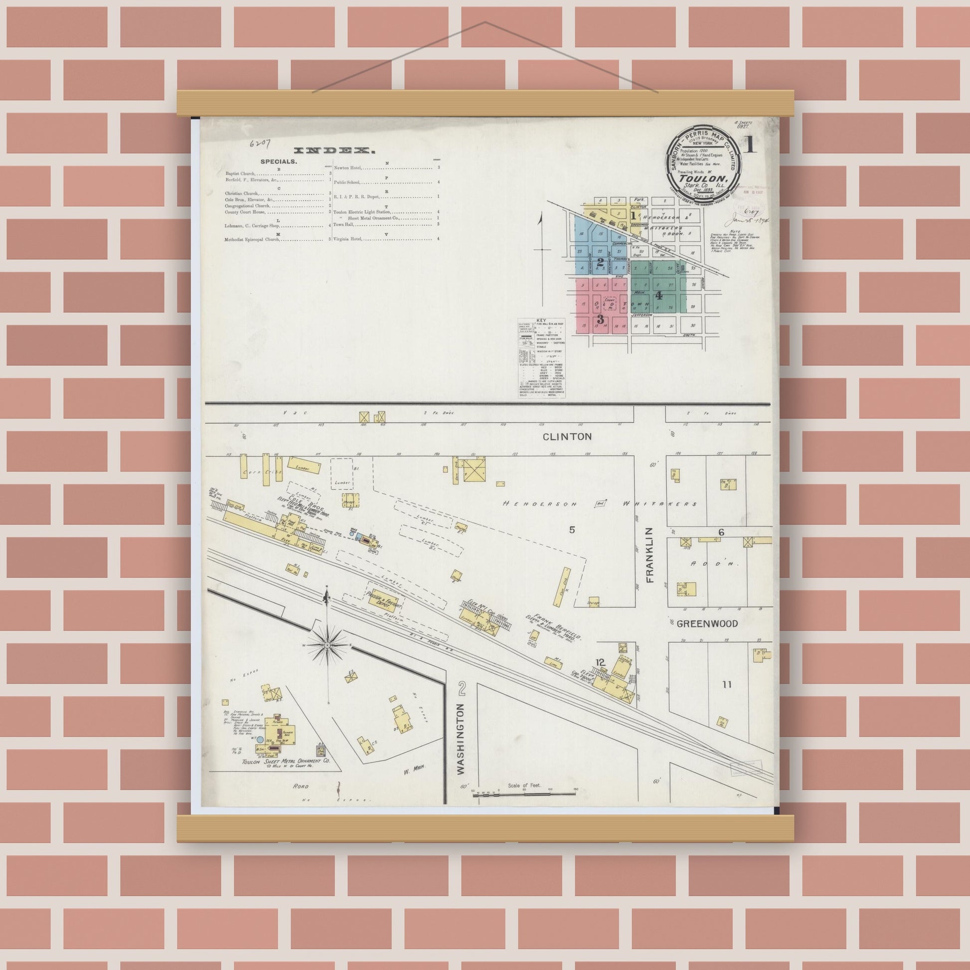 Old map wall art mockup — magnetic wood frame on brick wall — Sanborn Fire Insurance Map from Toulon, Stark County, Illinois (1893) - Complete Map Set
