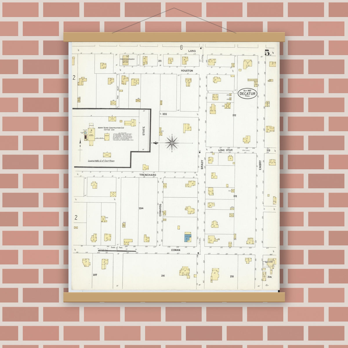 Old map wall art mockup — magnetic wood frame on brick wall — Sanborn Fire Insurance Map from Decatur, Wise County, Texas (1907), Sheet #0005