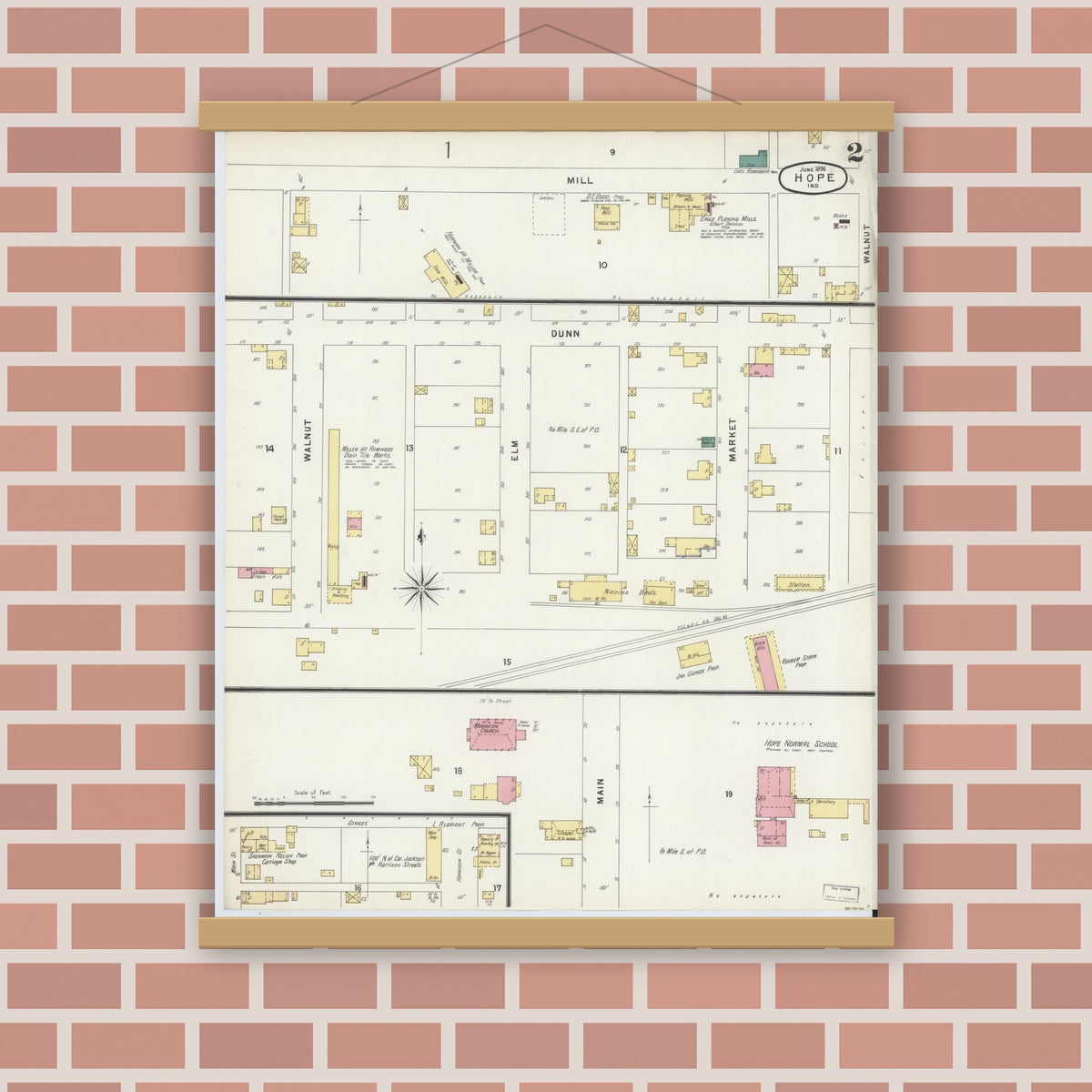 Old map wall art mockup — magnetic wood frame on brick wall — Sanborn Fire Insurance Map from Hope, Bartholomew County, Indiana (1896), Sheet #0002