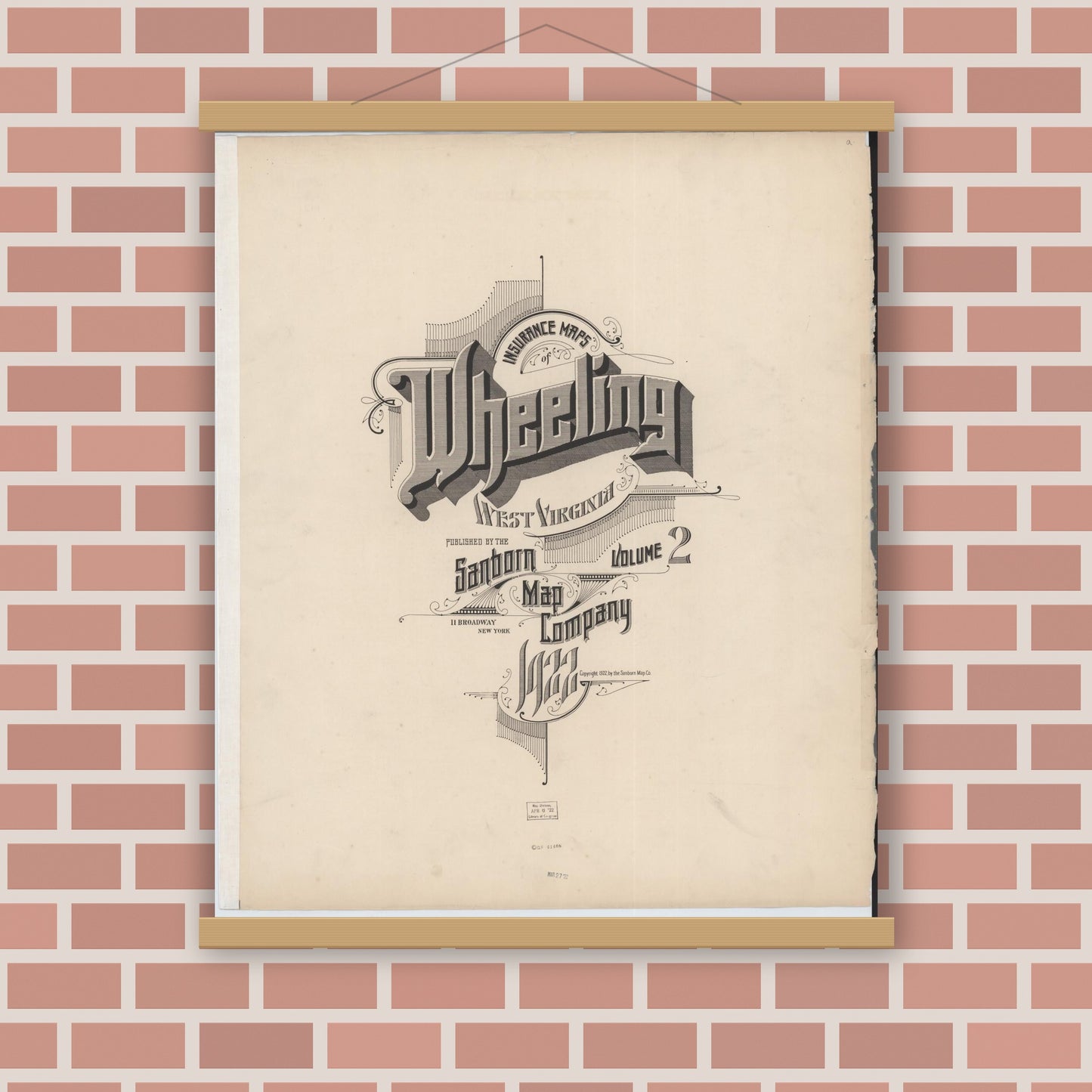 Old map wall art mockup — magnetic wood frame on brick wall — Sanborn Fire Insurance Map from Wheeling, Ohio County, West Virginia (1922), Sheet #0001