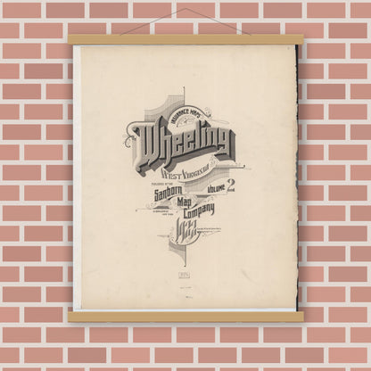 Old map wall art mockup — magnetic wood frame on brick wall — Sanborn Fire Insurance Map from Wheeling, Ohio County, West Virginia (1922), Sheet #0001