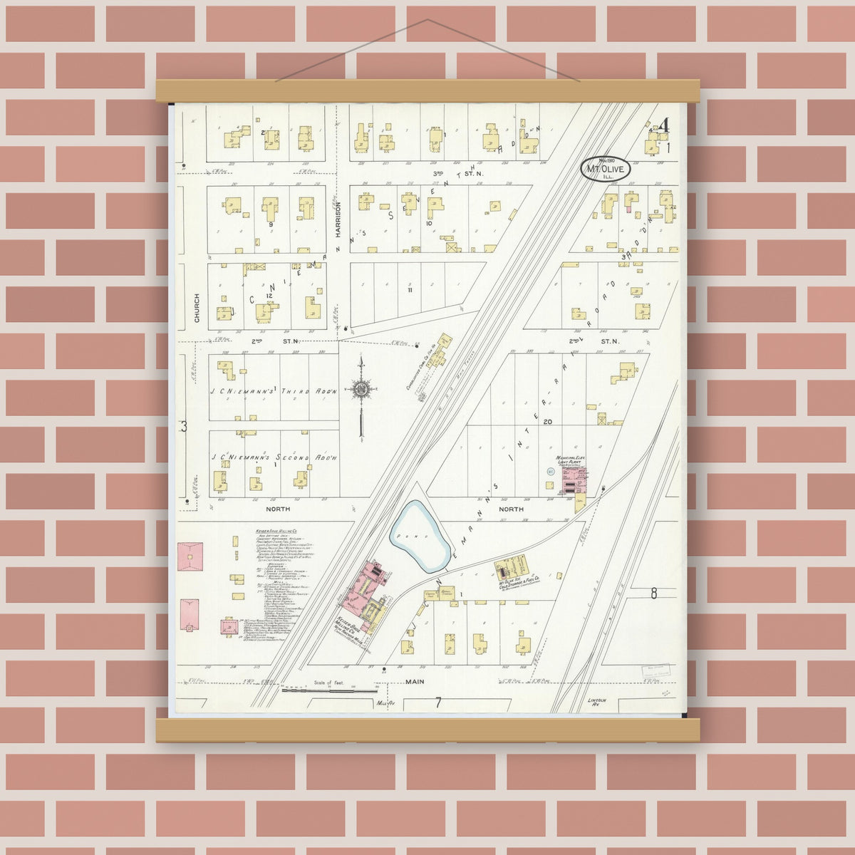 Old map wall art mockup — magnetic wood frame on brick wall — Sanborn Fire Insurance Map from Mount Olive, Macoupin County, Illinois (1910), Sheet #0004