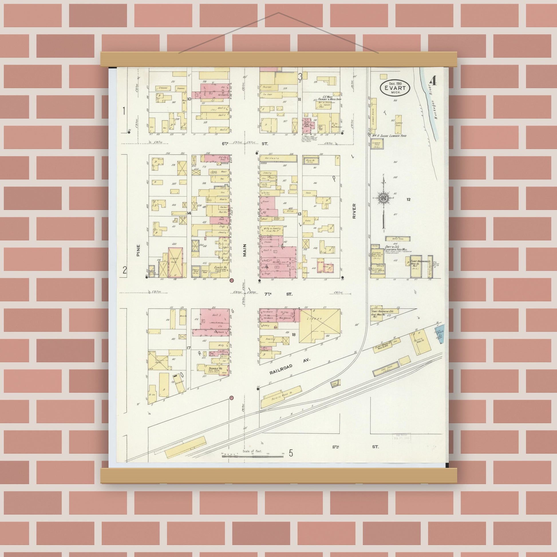 Old map wall art mockup — magnetic wood frame on brick wall — Sanborn Fire Insurance Map from Evart, Osceola County, Michigan (1910), Sheet #0004