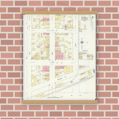Old map wall art mockup — magnetic wood frame on brick wall — Sanborn Fire Insurance Map from Evart, Osceola County, Michigan (1910), Sheet #0004