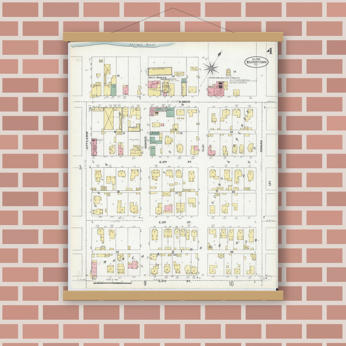 Old map wall art mockup — magnetic wood frame on brick wall — Sanborn Fire Insurance Map from Beardstown, Cass County, Illinois (1906), Sheet #0004