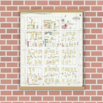 Old map wall art mockup — magnetic wood frame on brick wall — Sanborn Fire Insurance Map from Beardstown, Cass County, Illinois (1906), Sheet #0004