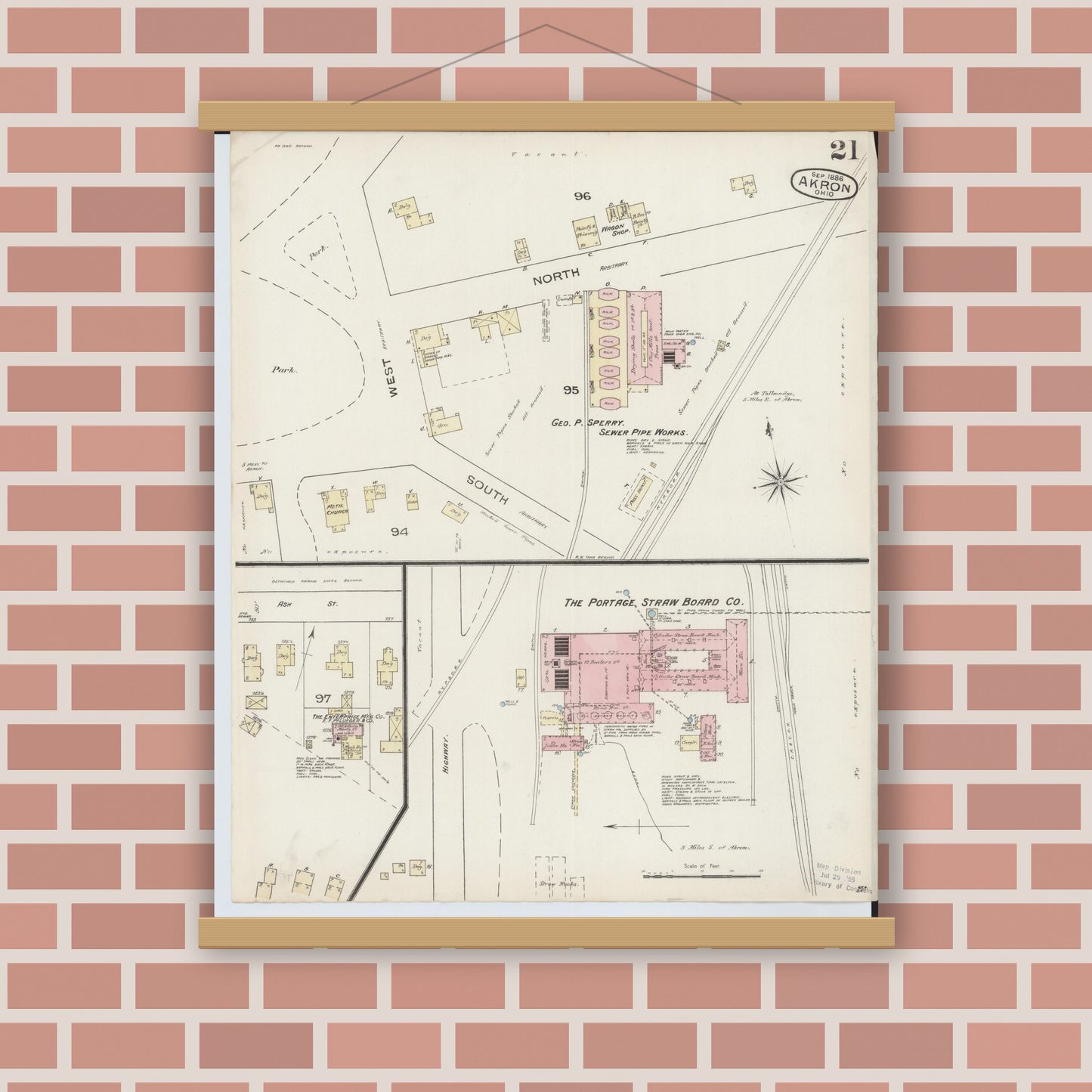 Old map wall art mockup — magnetic wood frame on brick wall — Sanborn Fire Insurance Map from Akron, Summit County, Ohio (1886), Sheet #0021