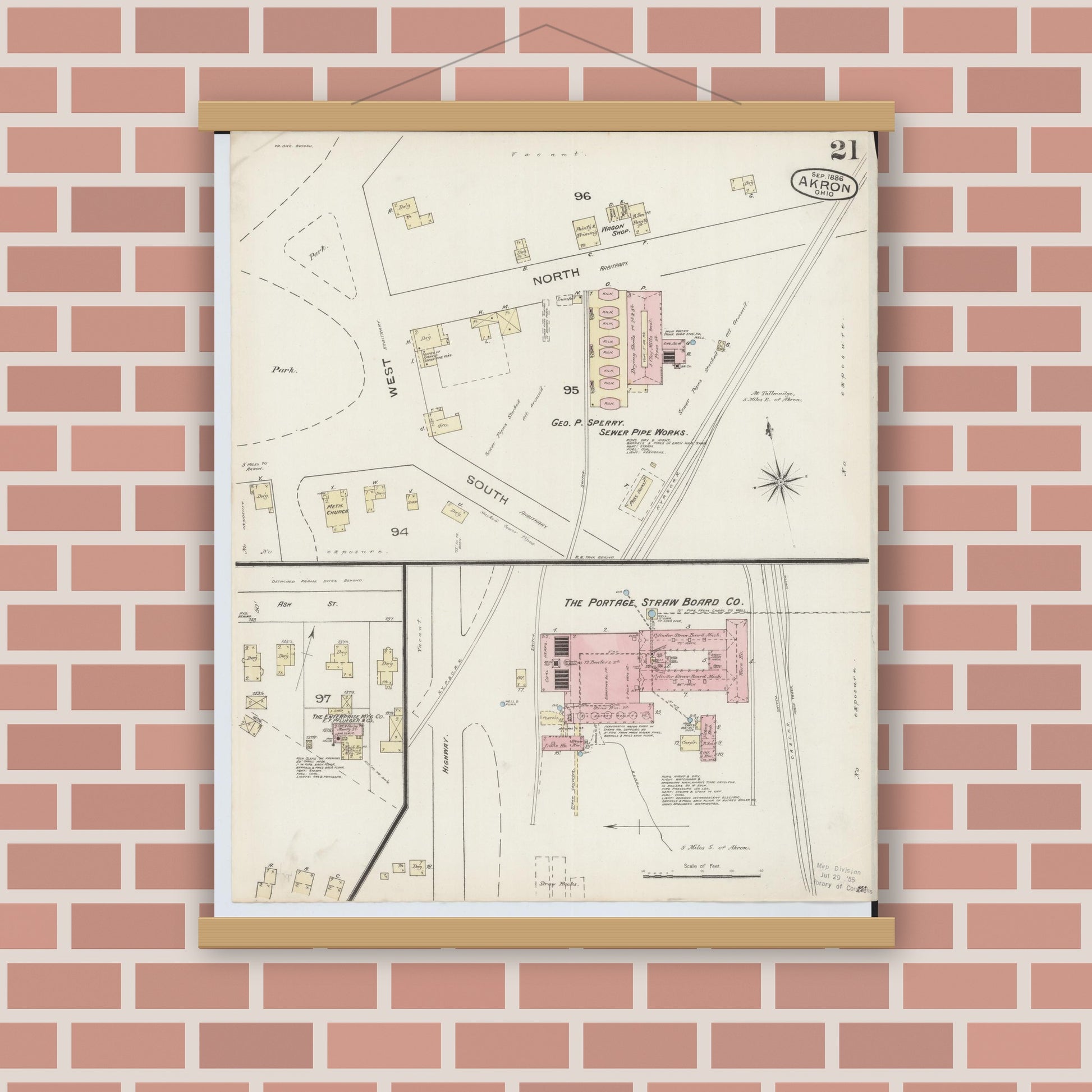 Old map wall art mockup — magnetic wood frame on brick wall — Sanborn Fire Insurance Map from Akron, Summit County, Ohio (1886), Sheet #0021
