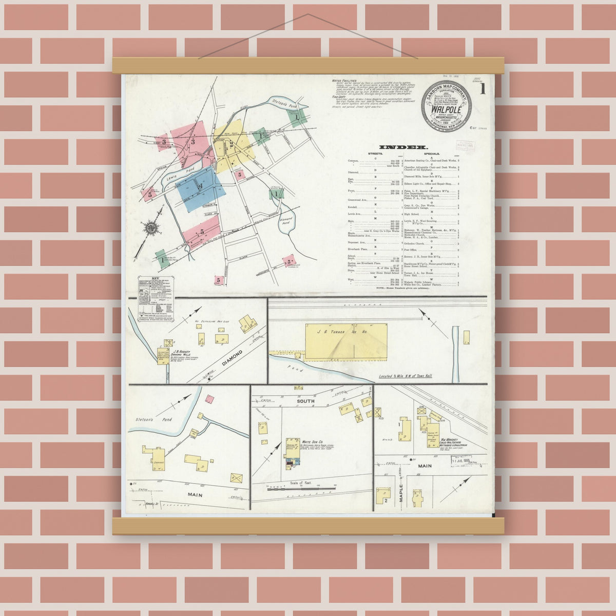 Old map wall art mockup — magnetic wood frame on brick wall — Sanborn Fire Insurance Map from Walpole, Norfolk County, Massachusetts (1911) - Complete Map Set