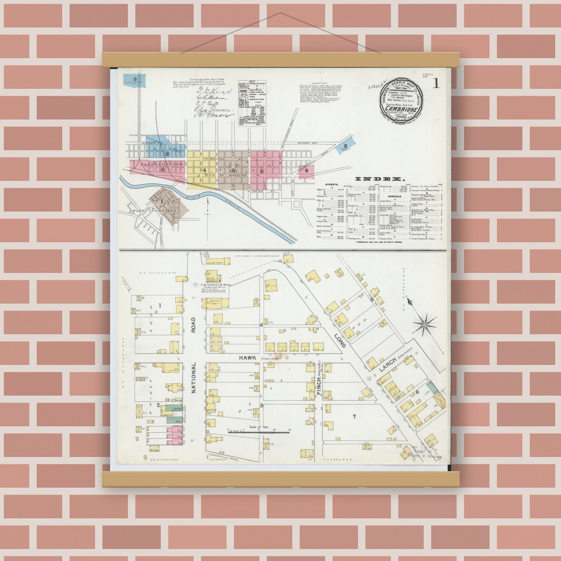 Old map wall art mockup — magnetic wood frame on brick wall — Sanborn Fire Insurance Map from Cambridge, Guernsey County, Ohio (1892) - Complete Map Set