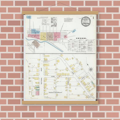 Old map wall art mockup — magnetic wood frame on brick wall — Sanborn Fire Insurance Map from Cambridge, Guernsey County, Ohio (1892) - Complete Map Set