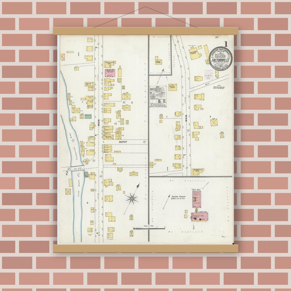 Old map wall art mockup — magnetic wood frame on brick wall — Sanborn Fire Insurance Map from Factoryville, Wyoming County, Pennsylvania (1903), Sheet #0001
