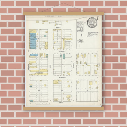 Old map wall art mockup — magnetic wood frame on brick wall — Sanborn Fire Insurance Map from Quanah, Hardeman County, Texas (1892), Sheet #0001