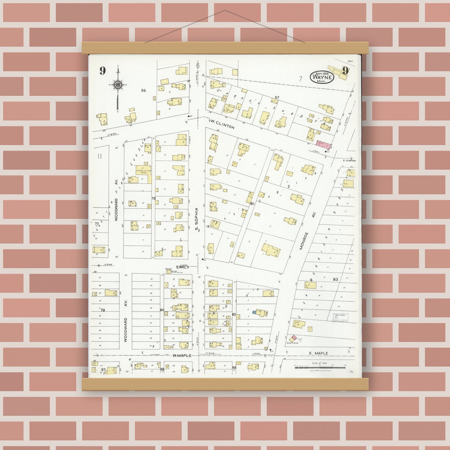 Old map wall art mockup — magnetic wood frame on brick wall — Sanborn Fire Insurance Map from Wayne, Wayne County, Michigan (1926), Sheet #0009