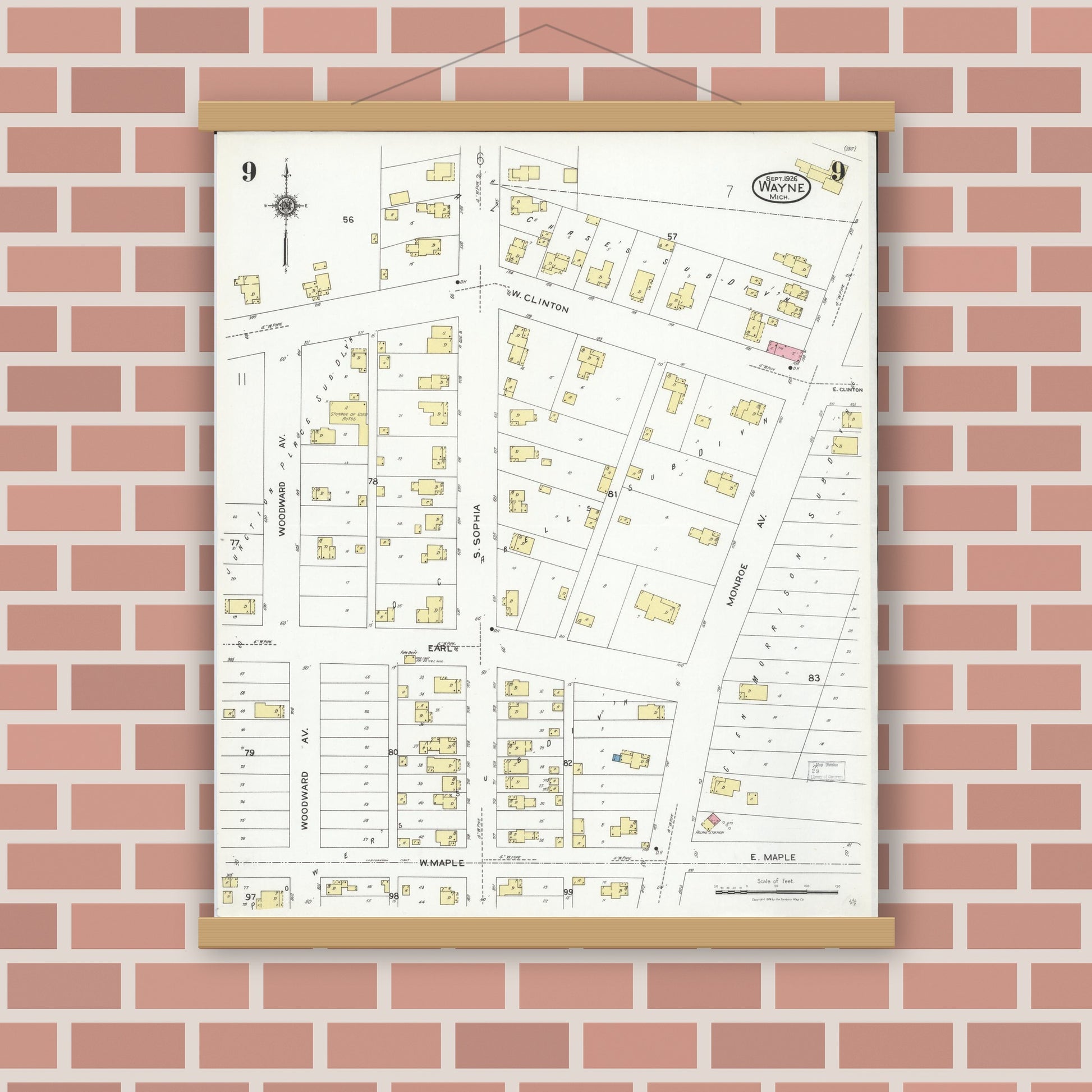 Old map wall art mockup — magnetic wood frame on brick wall — Sanborn Fire Insurance Map from Wayne, Wayne County, Michigan (1926), Sheet #0009