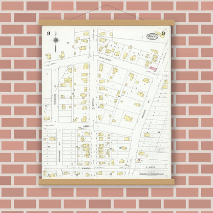 Old map wall art mockup — magnetic wood frame on brick wall — Sanborn Fire Insurance Map from Wayne, Wayne County, Michigan (1926), Sheet #0009