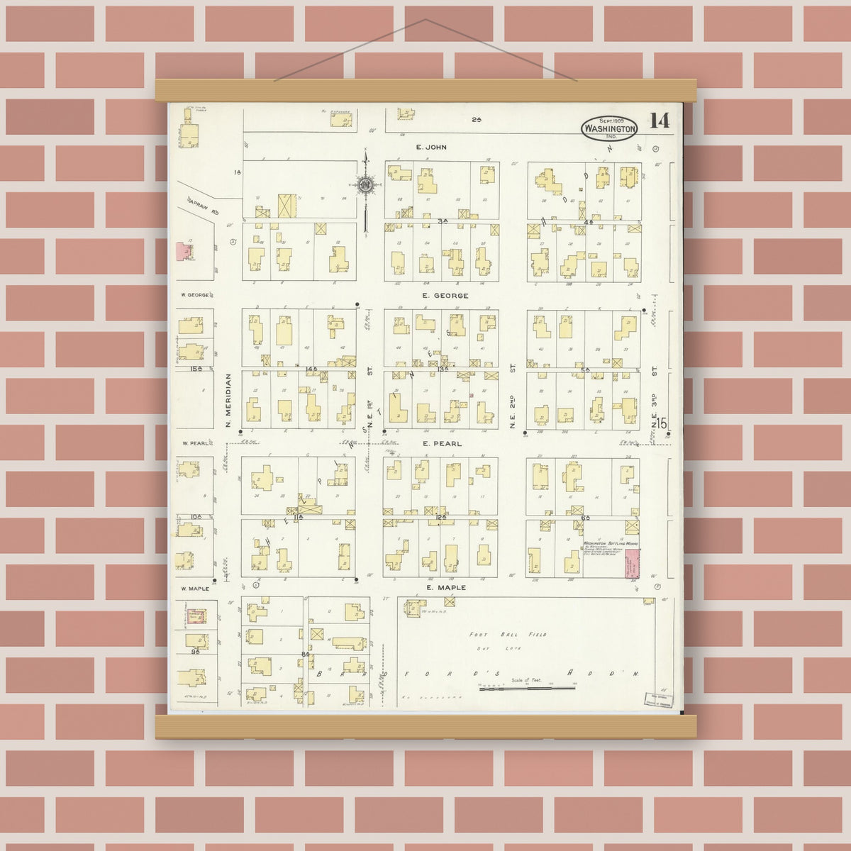 Old map wall art mockup — magnetic wood frame on brick wall — Sanborn Fire Insurance Map from Washington, Daviess County, Indiana (1909), Sheet #0014