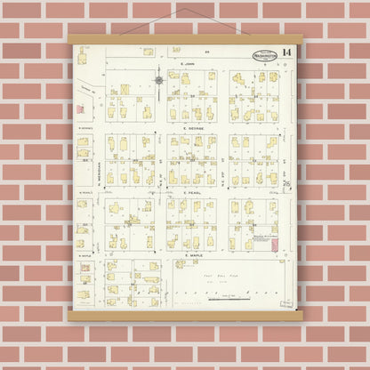 Old map wall art mockup — magnetic wood frame on brick wall — Sanborn Fire Insurance Map from Washington, Daviess County, Indiana (1909), Sheet #0014