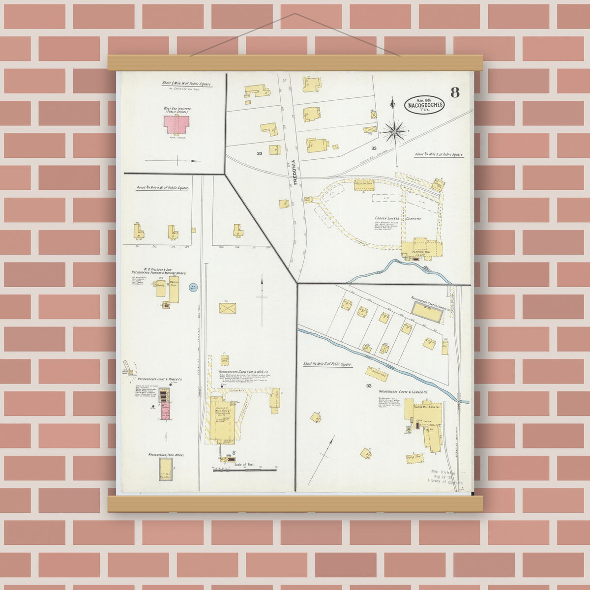 Old map wall art mockup — magnetic wood frame on brick wall — Sanborn Fire Insurance Map from Nacogdoches, Nacogdoches County, Texas (1906), Sheet #0008