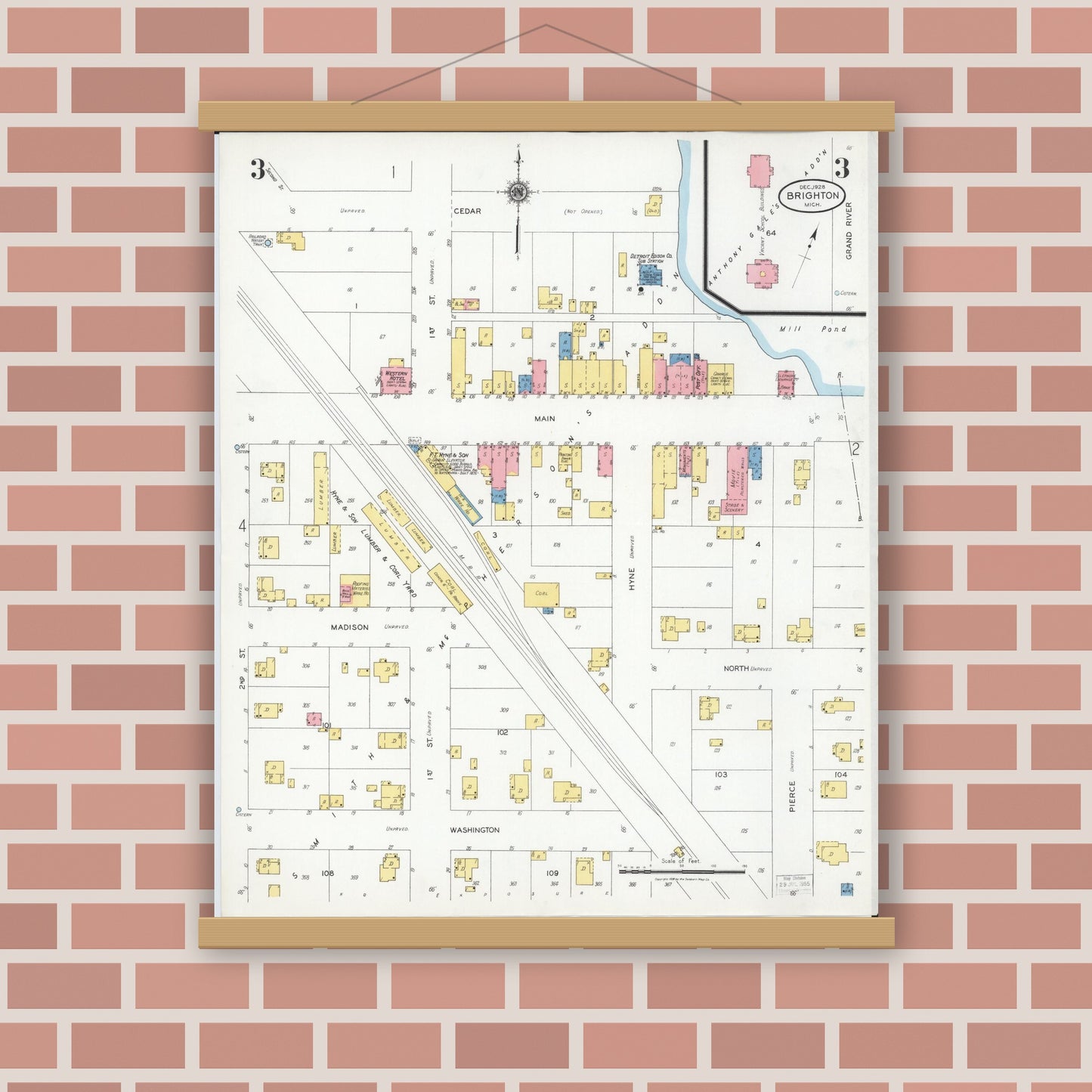 Old map wall art mockup — magnetic wood frame on brick wall — Sanborn Fire Insurance Map from Brighton, Livingston County, Michigan (1928), Sheet #0003