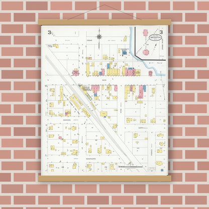 Old map wall art mockup — magnetic wood frame on brick wall — Sanborn Fire Insurance Map from Brighton, Livingston County, Michigan (1928), Sheet #0003